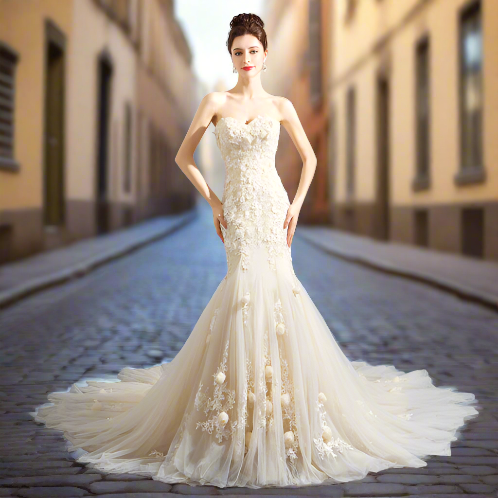 Romantic Light Champagne Mermaid  Sweetheart Lace Wedding Dress
