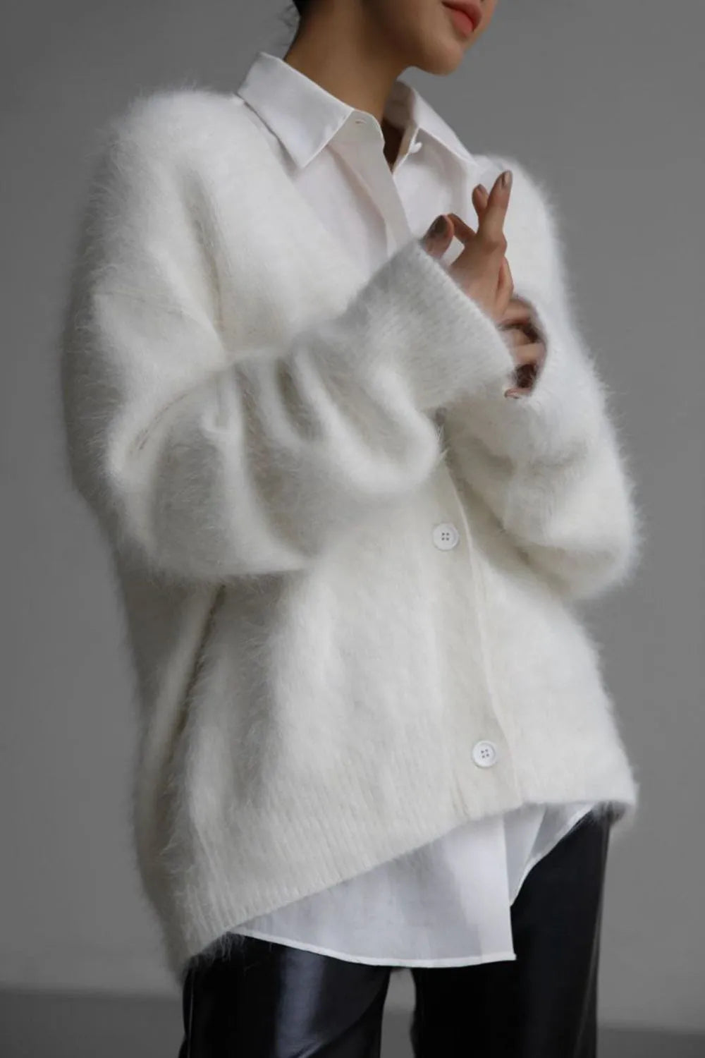 Fuzzy Button Down Long Sleeve Cardigan Sweater Luxurious Weddings