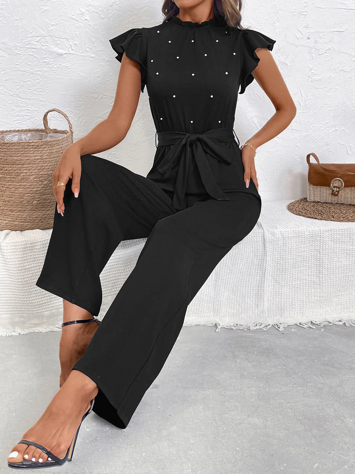 Pearl Detail Ruffled Cap Sleeve Jumpsuit Jumpsuits Luxurious Weddings