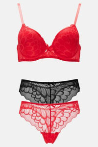 a red bra and a black and white bra