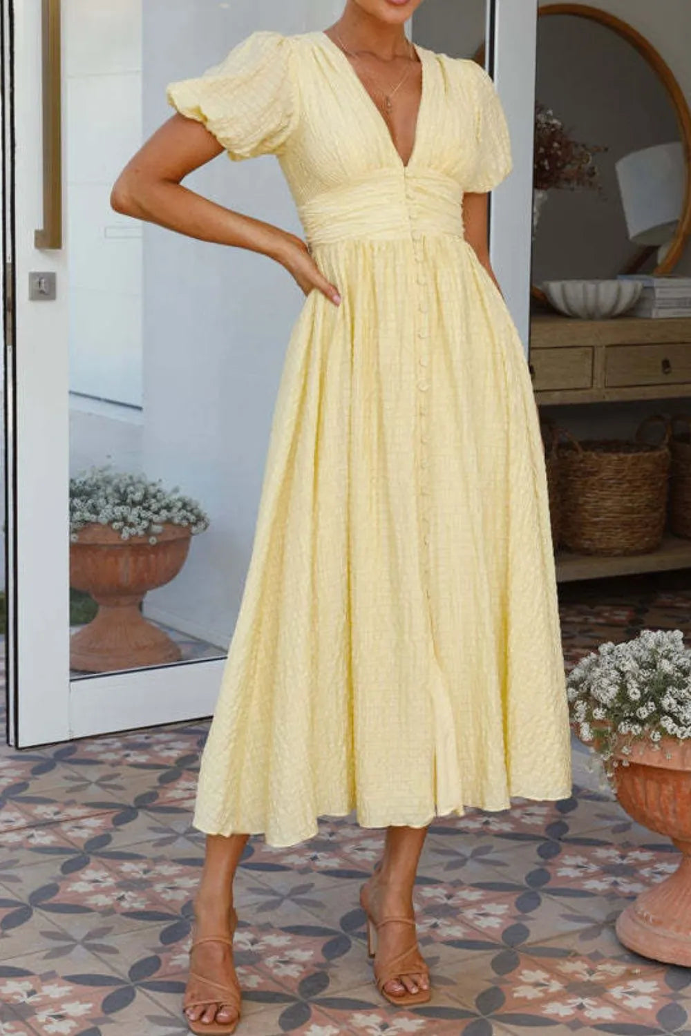 V-Neck Puff Short Sleeve Midi Dress Summer dress Luxurious Weddings