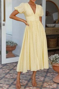 V-Neck Puff Short Sleeve Midi Dress Summer dress Luxurious Weddings