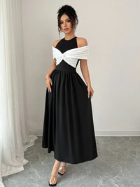 Twisted Contrast Cold Shoulder Midi Dress Mother of the Bride Luxurious Weddings