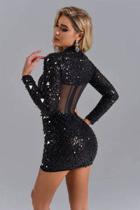 Black Long Sleeve Bandage Dress Sequin Mesh Beaded Banquet Annual Party Dress