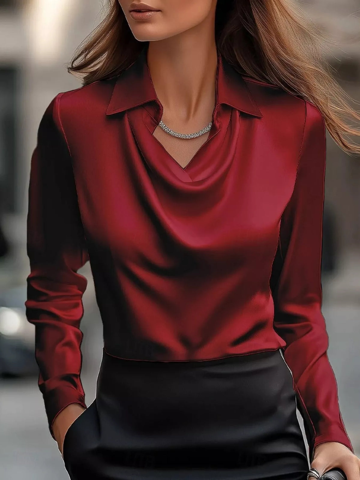 Ruched Long Sleeve Drape Collar Blouse in red silk, featuring a cowl neckline and collared design, perfect for stylish outings.