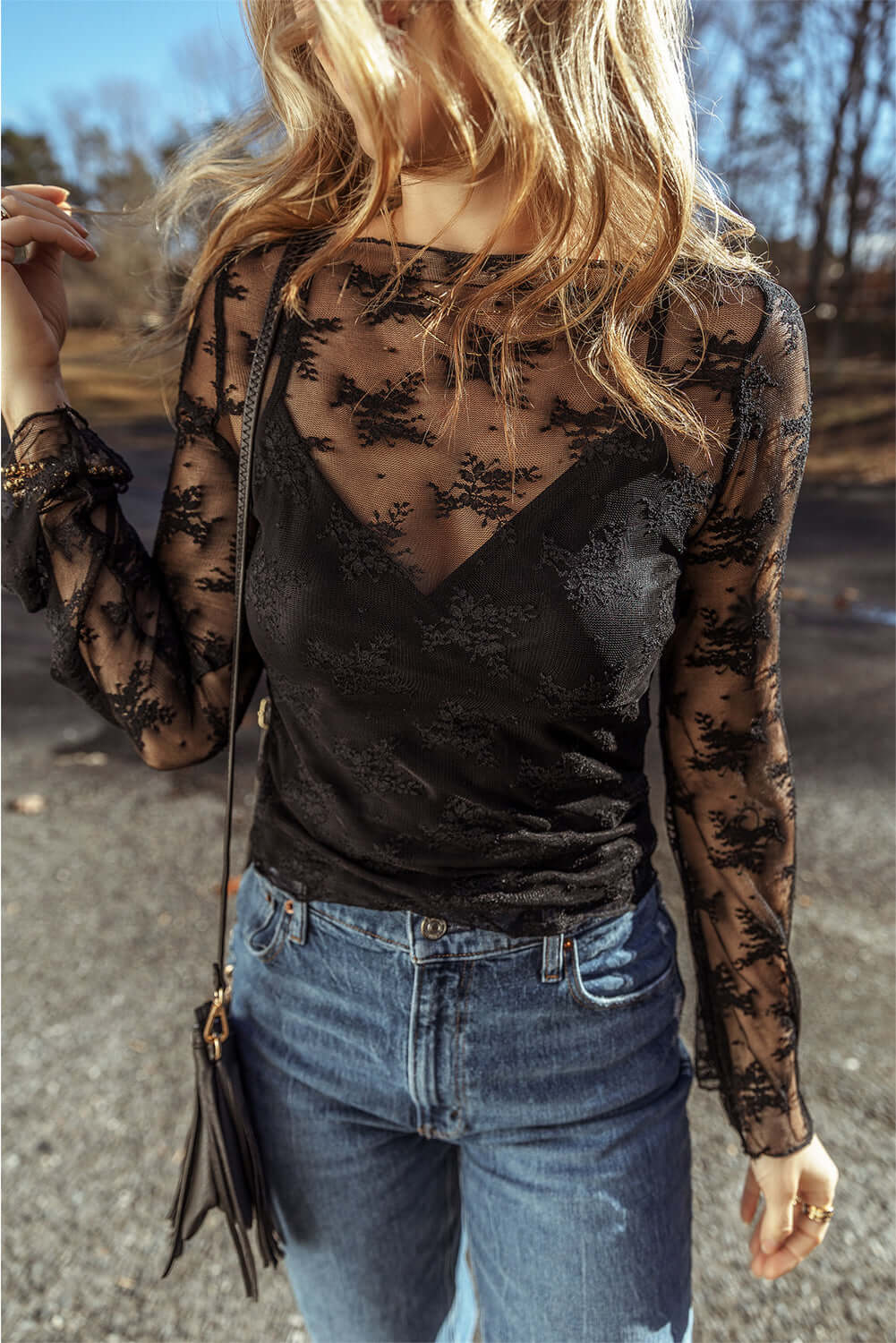 Black Lace Mesh Crochet Splicing Slim Fit Long Sleeve Blouse Tops/Blouses & Shirts Luxurious Weddings