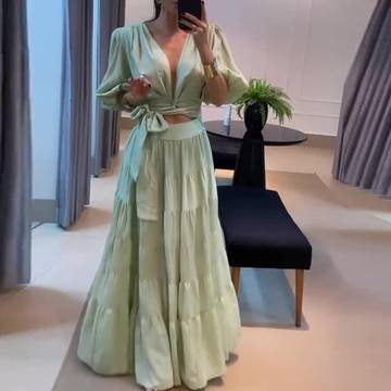 Solid Color low-cut lace-up design waist-baring skirt suit Skirt Suit Luxurious Weddings