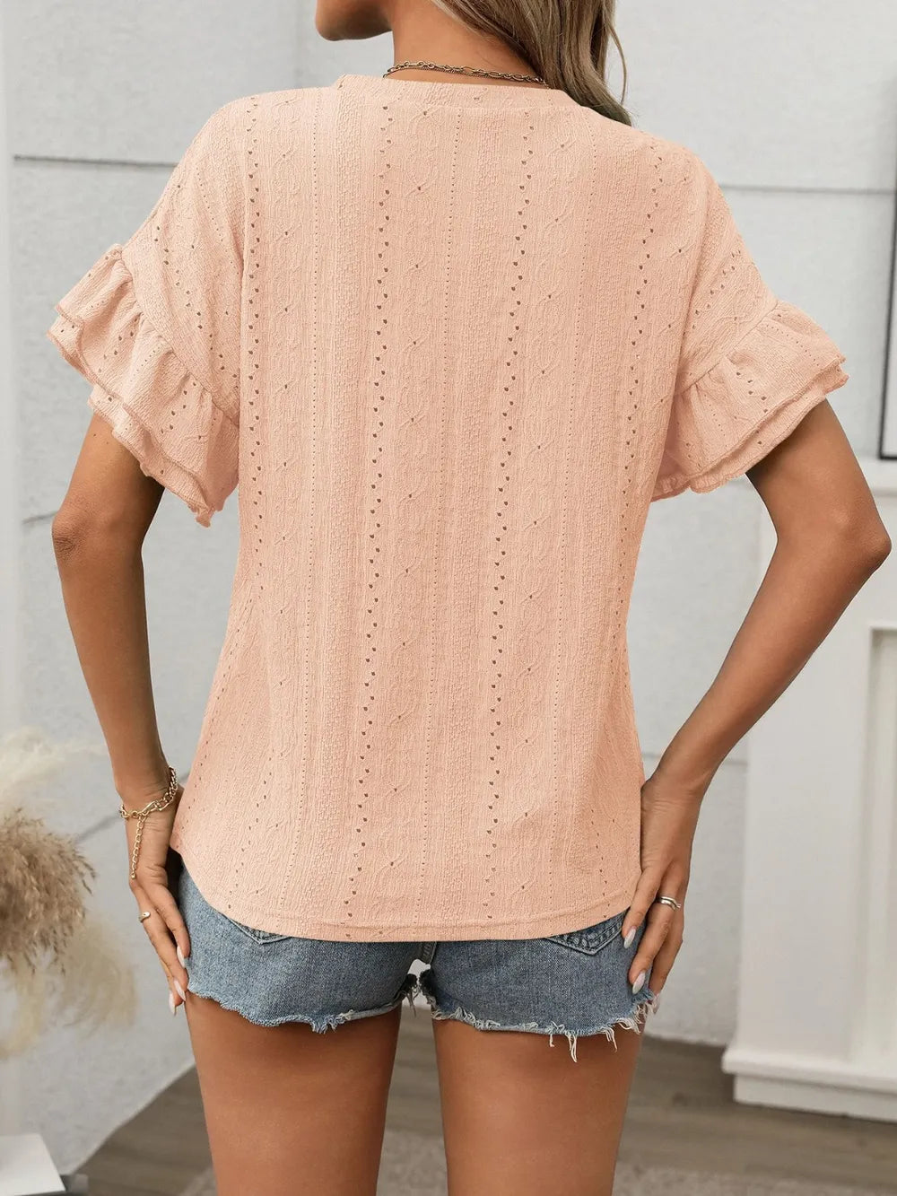 Eyelet Round Neck Flounce Sleeve Top Blouses Luxurious Weddings