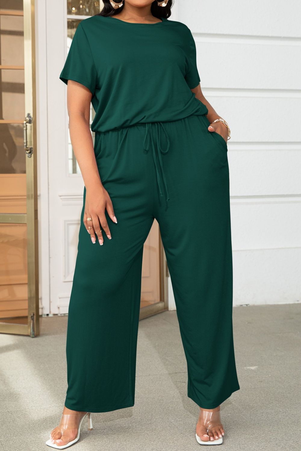 Plus Size Drawstring Waist Short Sleeve Jumpsuit Plus size Luxurious Weddings
