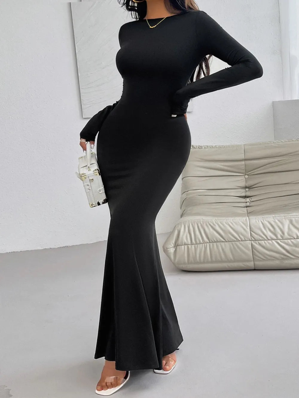 Devine Backless Round Neck Long Sleeve Maxi Dress wedding dress Luxurious Weddings