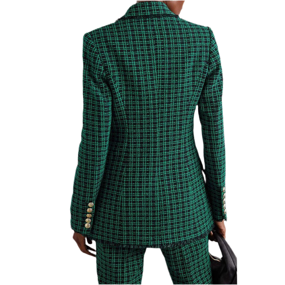 Green Checkered Double Breasted Button Women's Suit
