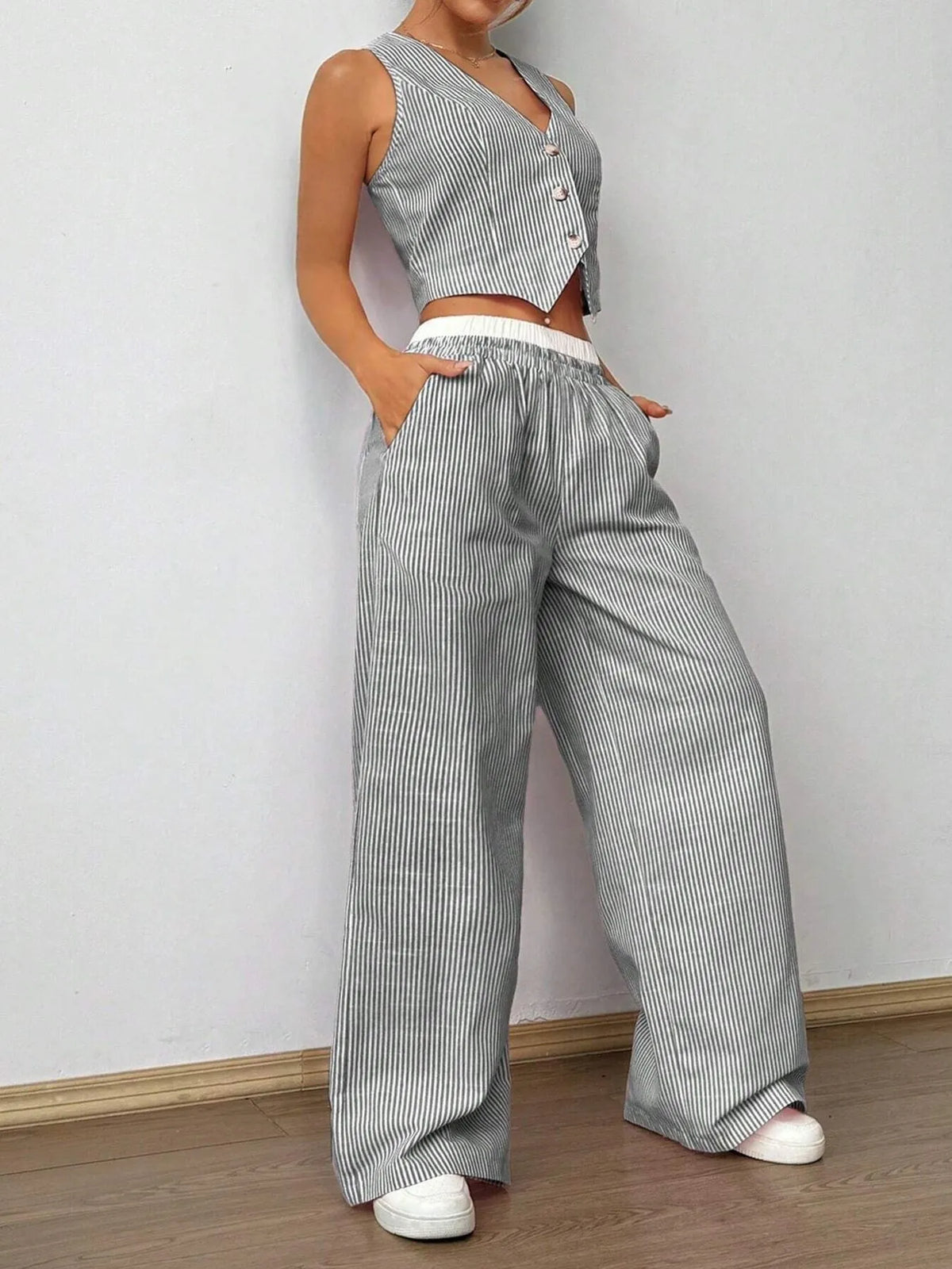 Striped Vest Top and Wide Leg Pants Two-Piece Set Coords Luxurious Weddings