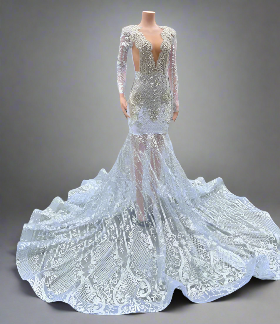 White Sequin Silver Rhinestone Prom Dress