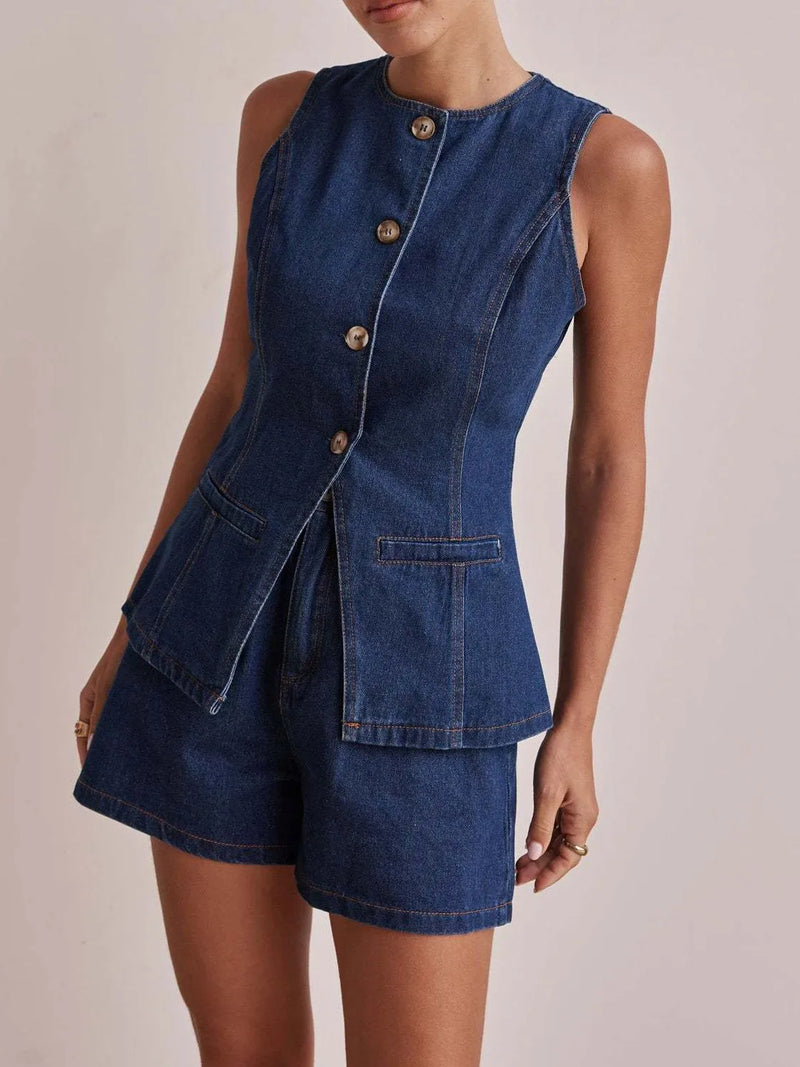 Button Down Vest and Shorts Denim Set Jeans Set Luxurious Weddings