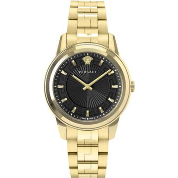 a gold watch with a black dial