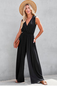 Black Deep V Pleated Crisscross Wide Leg Backless Jumpsuit Luxurious Weddings