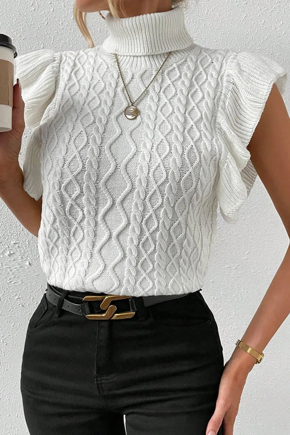 Cable-Knit Turtleneck Cap Sleeve Sweater Sweater Luxurious Weddings