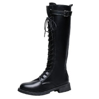 Black leather lace-up combat boots with knee-high design and rugged soles, ideal for stylish and comfortable wear.