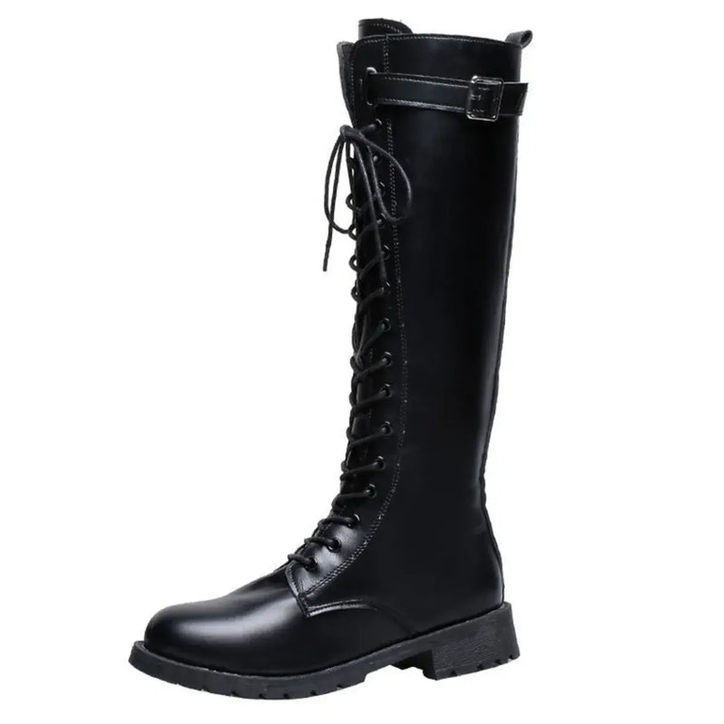 Black leather lace-up combat boots with knee-high design and rugged soles, ideal for stylish and comfortable wear.