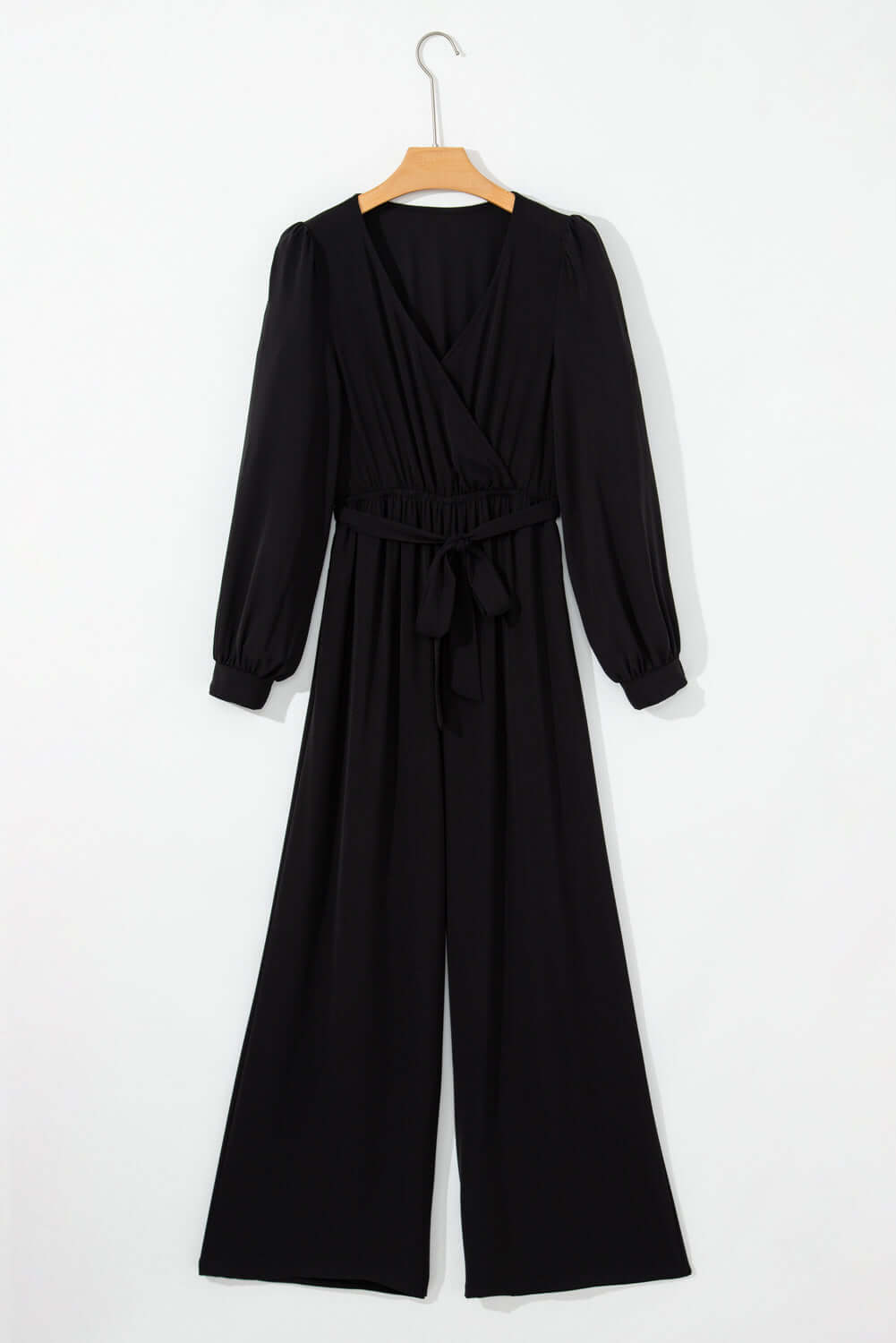 Black Cutout Back Belted V Neck Wide Leg Jumpsuit Bottoms/Jumpsuits & Rompers Luxurious Weddings