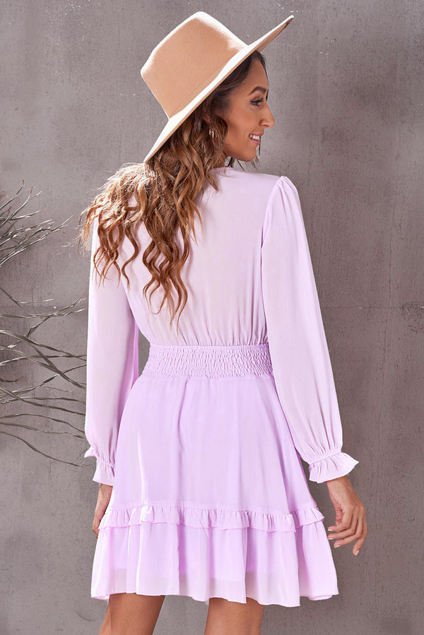 Deep V Neck Lantern Sleeve Knotted Tiered Mini Dress