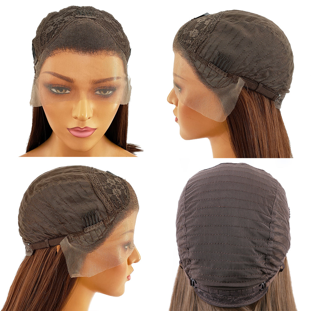 three views of a wig with a ponytail