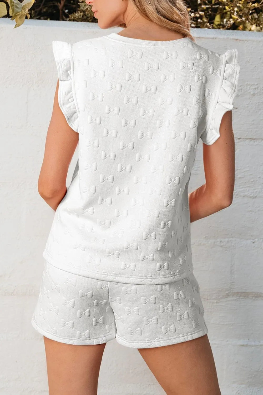 Bow Texture Round Neck Top and Shorts Set Shorts Set Luxurious Weddings