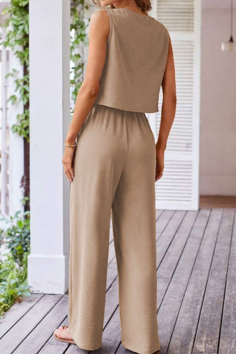 Button Down Vest and Drawstring Wide Leg Pants Set Matching Sets Luxurious Weddings