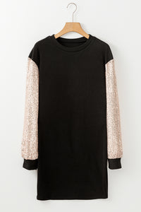 Black Sequin Puff Sleeve Shift Mini Dress.