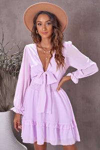 Deep V Neck Lantern Sleeve Knotted Tiered Mini Dress