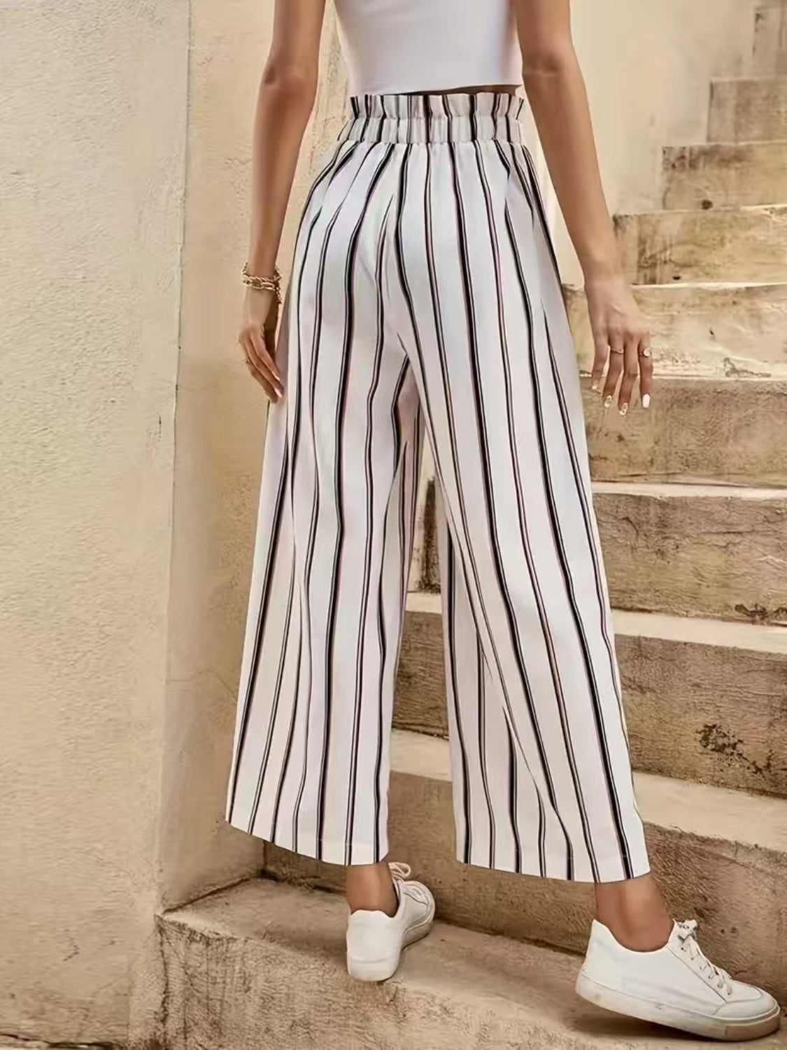 Tied Striped Wide Leg Pants Pants Luxurious Weddings