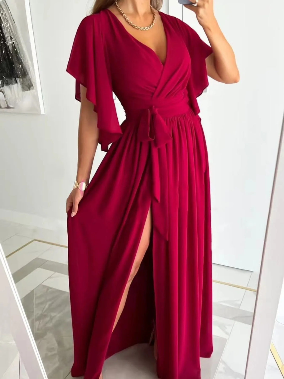Flutter Sleeve Surplice Tie Waist Dress Bridesmaid Dresses Luxurious Weddings