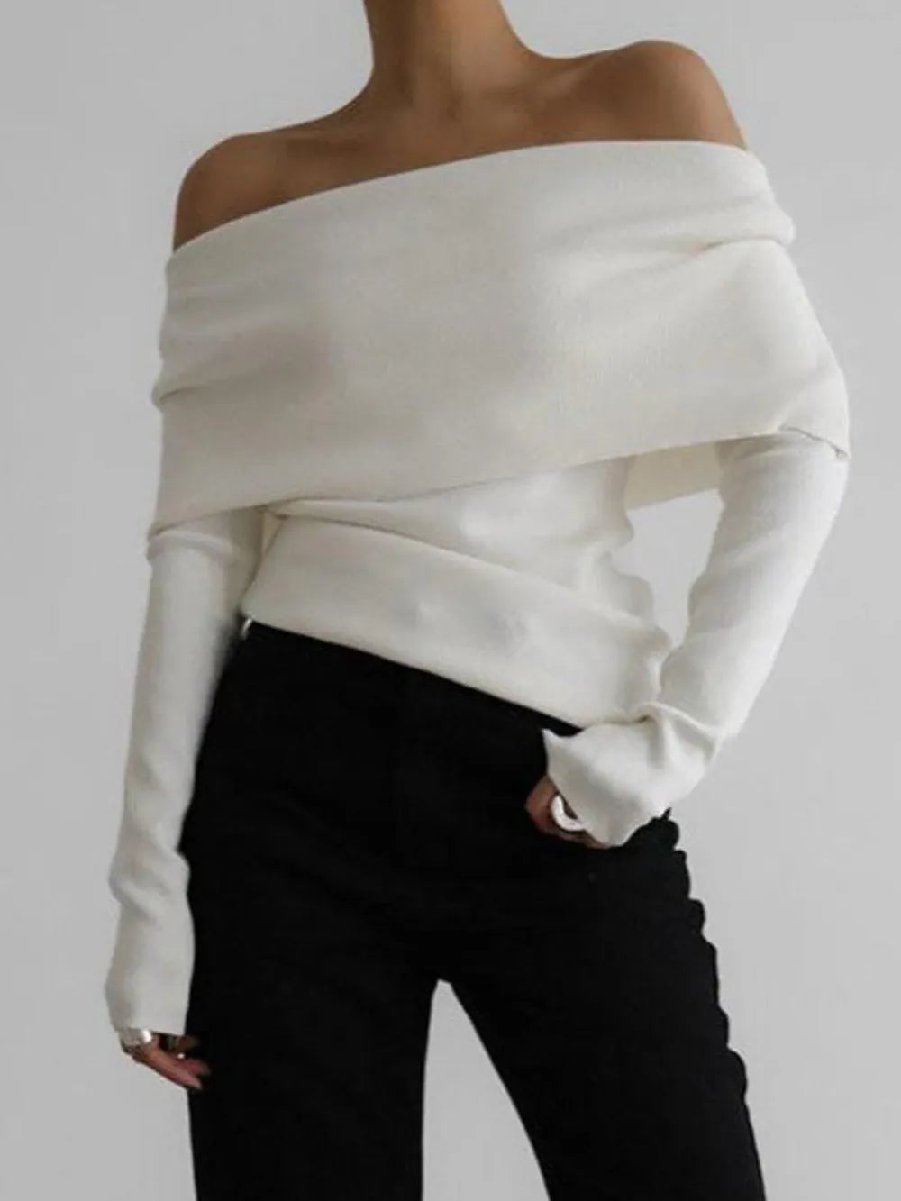 Off-Shoulder Long Sleeve Knit Top Sweater Luxurious Weddings
