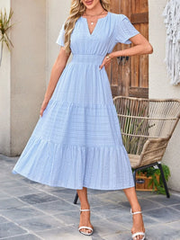 Tiered Notched Short Sleeve Dress summer dress Luxurious Weddings