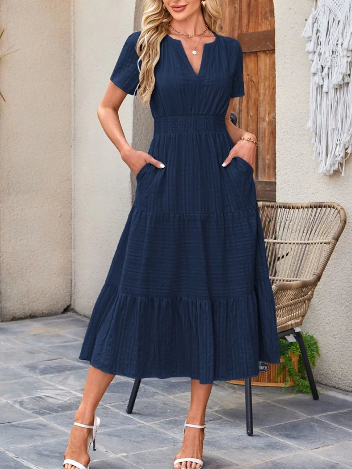 Tiered Notched Short Sleeve Dress summer dress Luxurious Weddings