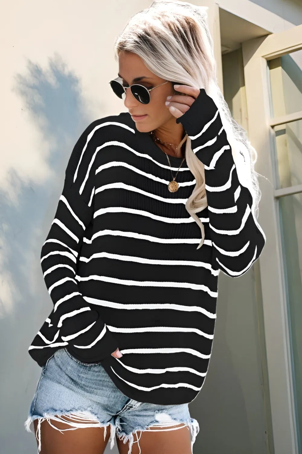 Striped Round Neck Drop Shoulder Sweater Sweater Luxurious Weddings