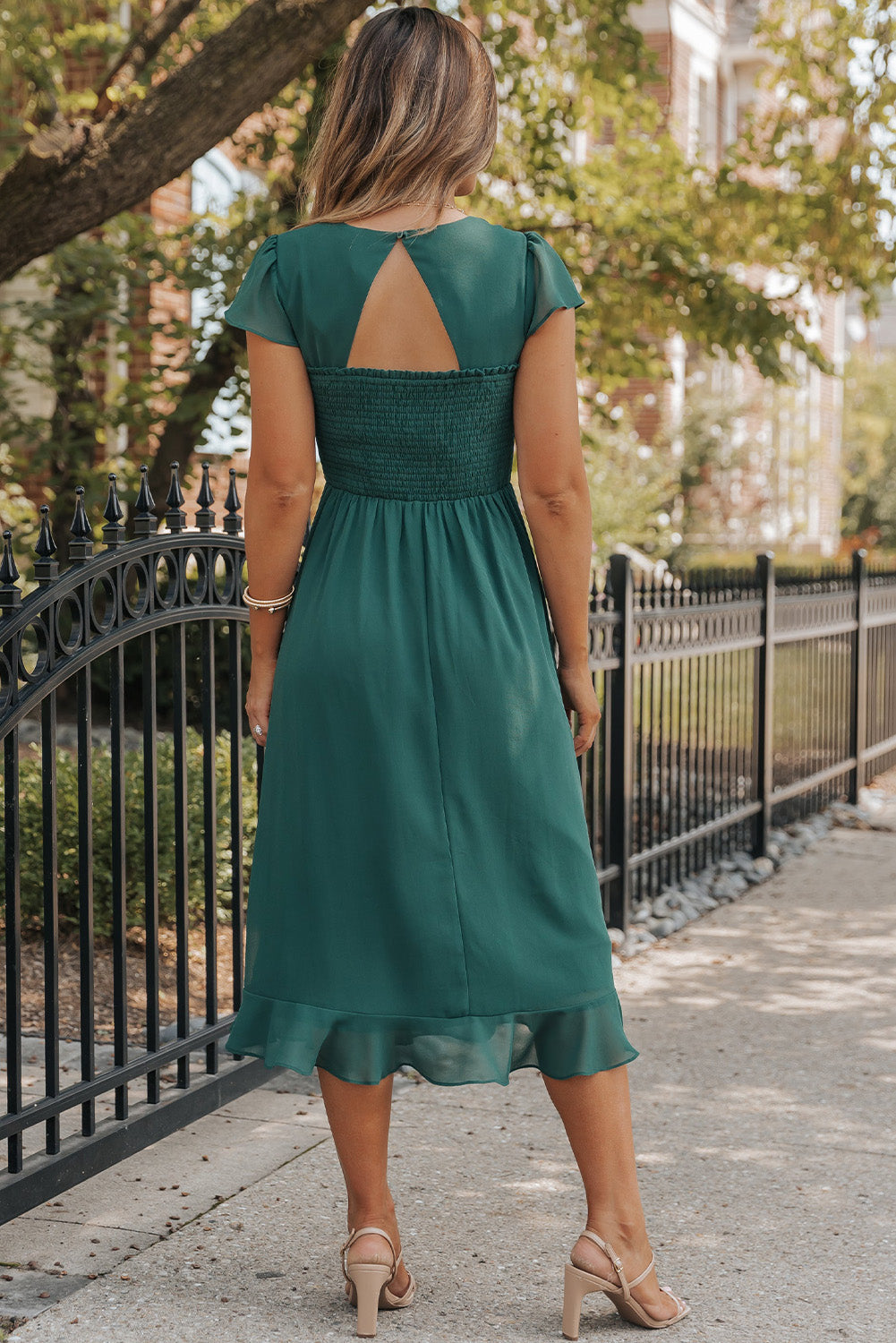 Sea Green Shirred Open Back Sweetheart Neck Ruffled Midi Dress Dresses/Midi Dresses Luxurious Weddings