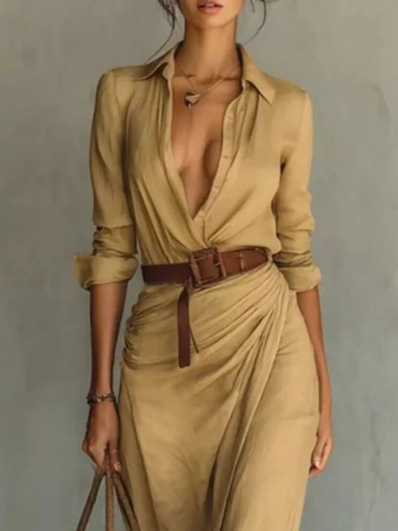 Full Size Ruched Long Sleeve Maxi Dress Plus Size in a tan color with a belted waist and long sleeves.