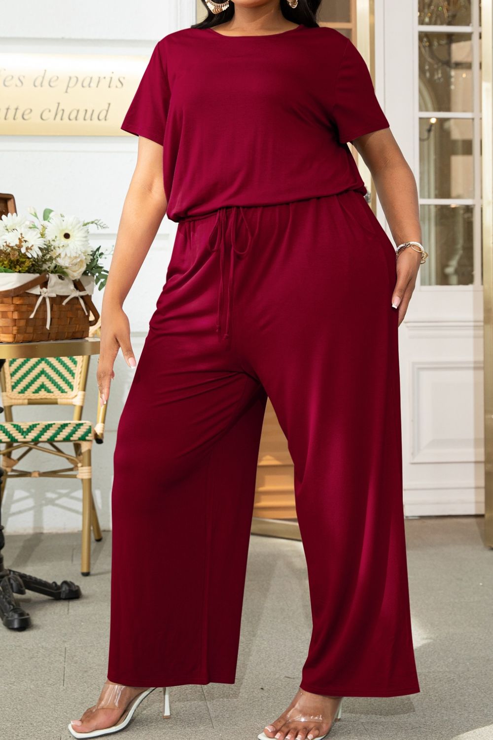 Plus Size Drawstring Waist Short Sleeve Jumpsuit Plus size Luxurious Weddings