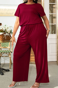 Plus Size Drawstring Waist Short Sleeve Jumpsuit Plus size Luxurious Weddings