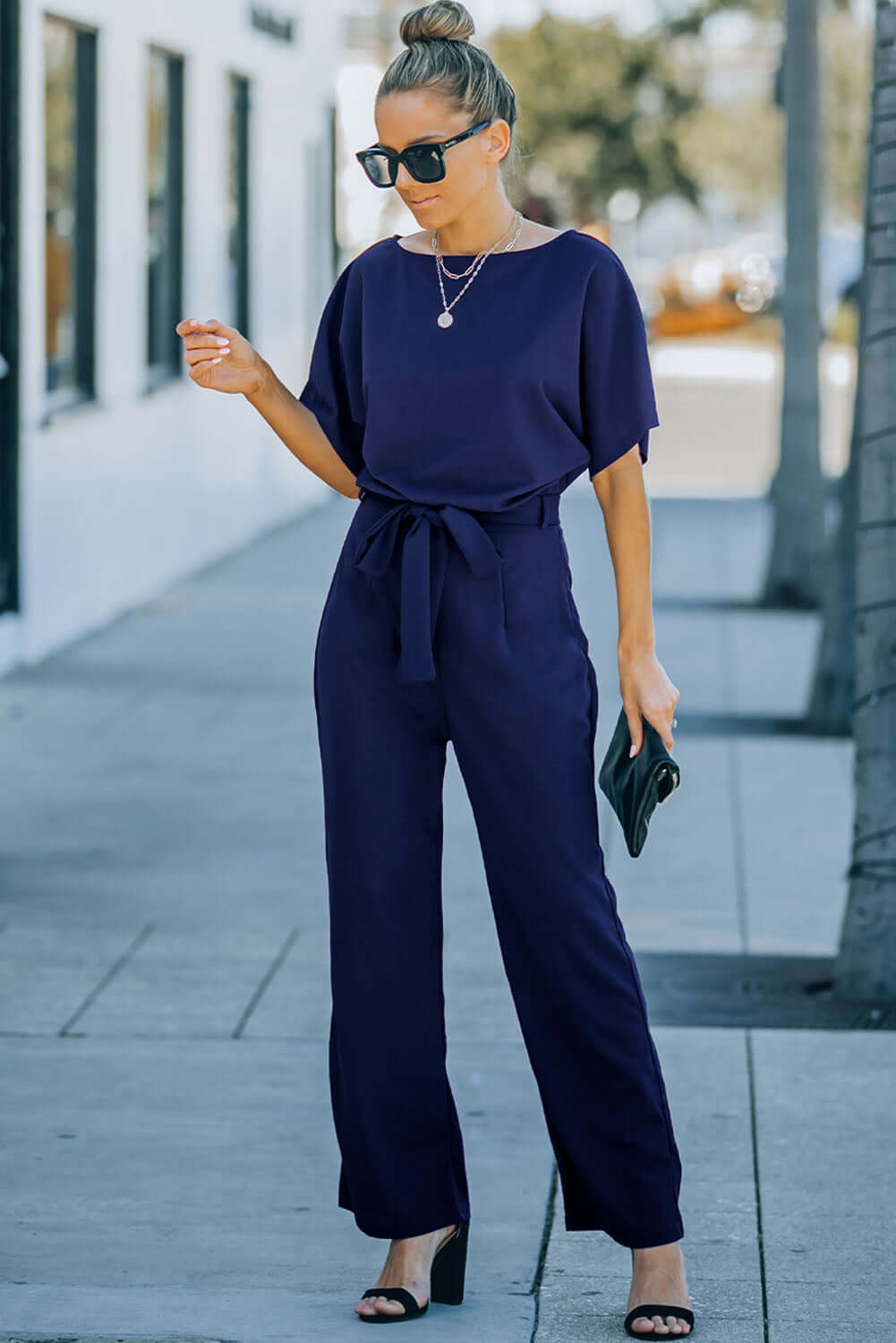 Blue Belted Wide Leg Jumpsuit Bottoms/Jumpsuits & Rompers Luxurious Weddings