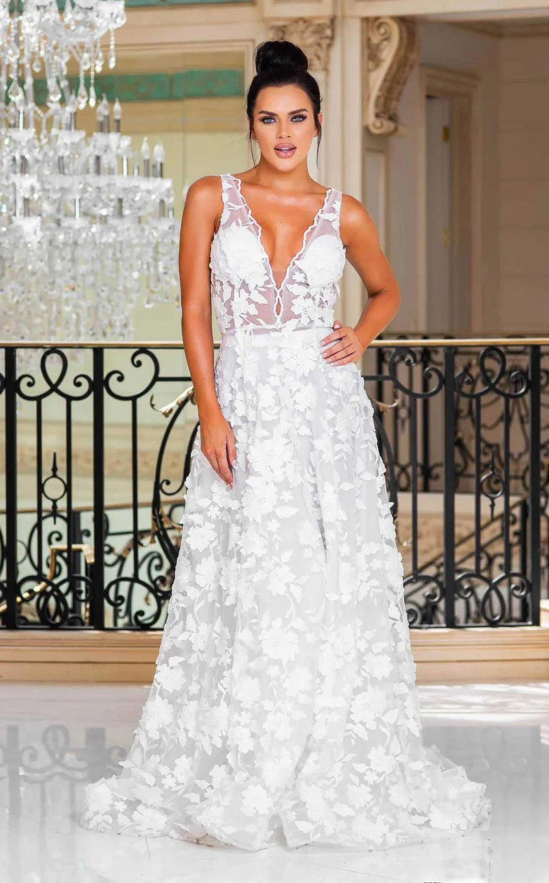 A Line Long 3D Lace Floral Wedding Dress A-line Gown Luxurious Weddings