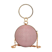Spherical bag in soft pink with elegant golden chain, perfect for luxurious weddings and special occasions.