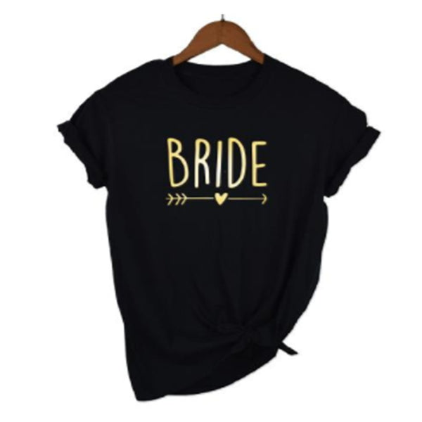 a black t - shirt with the word bride printed on it