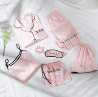 Pink 7Pcs Letter Embroidered Striped PJ Set With Shirt sleepwear Luxurious Weddings