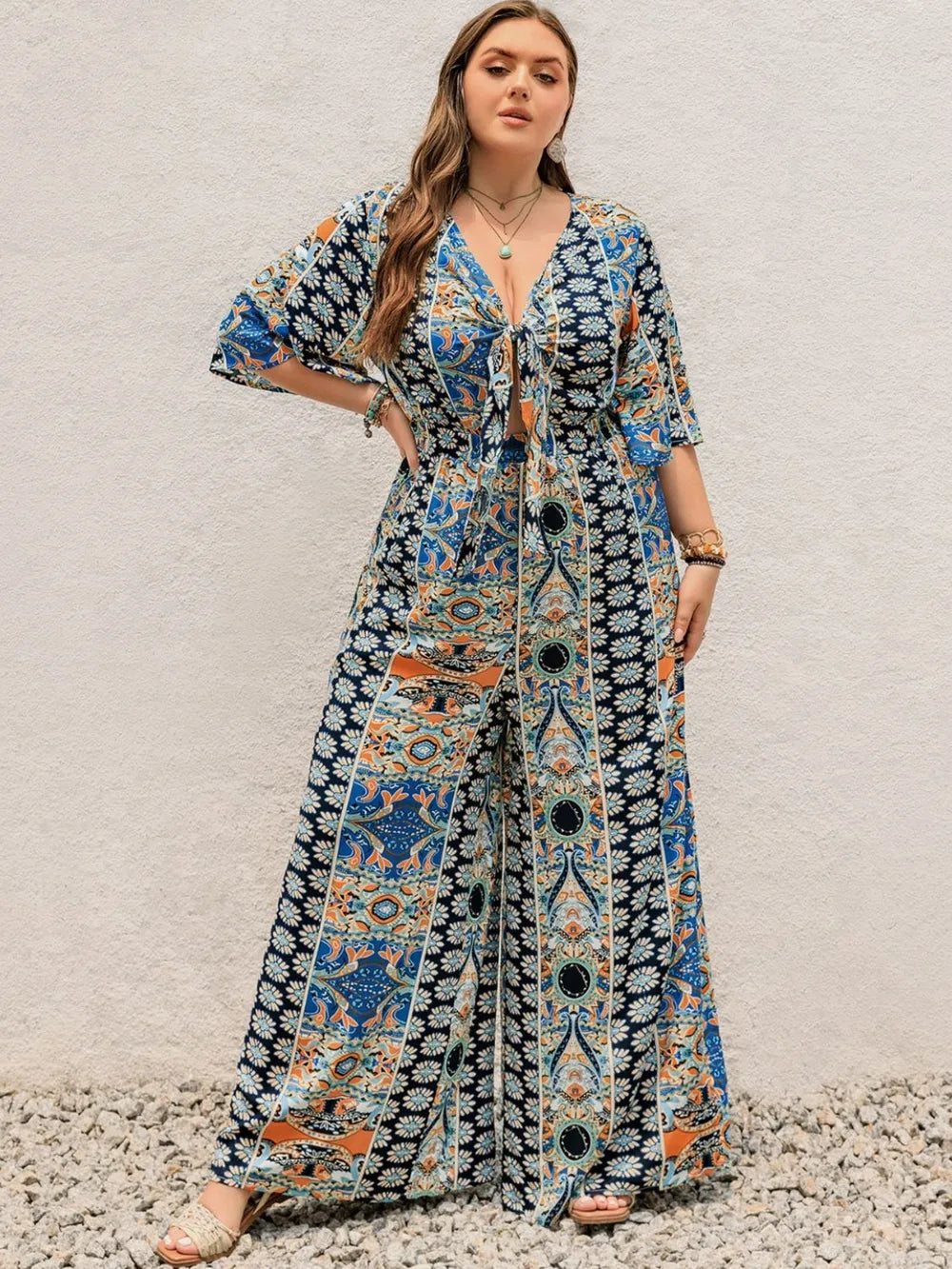 Plus Size Printed Half Sleeve Wide Leg Jumpsuit Plus size jumpsuit Luxurious Weddings