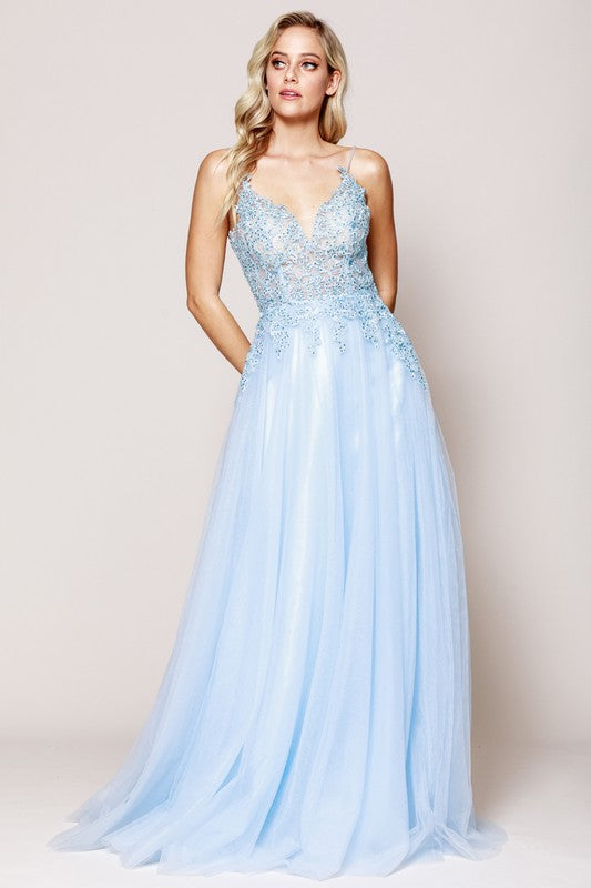 A Line V Neck Prom Gown with Lace and Jewel Detail A-line Evening Gown Luxurious Weddings