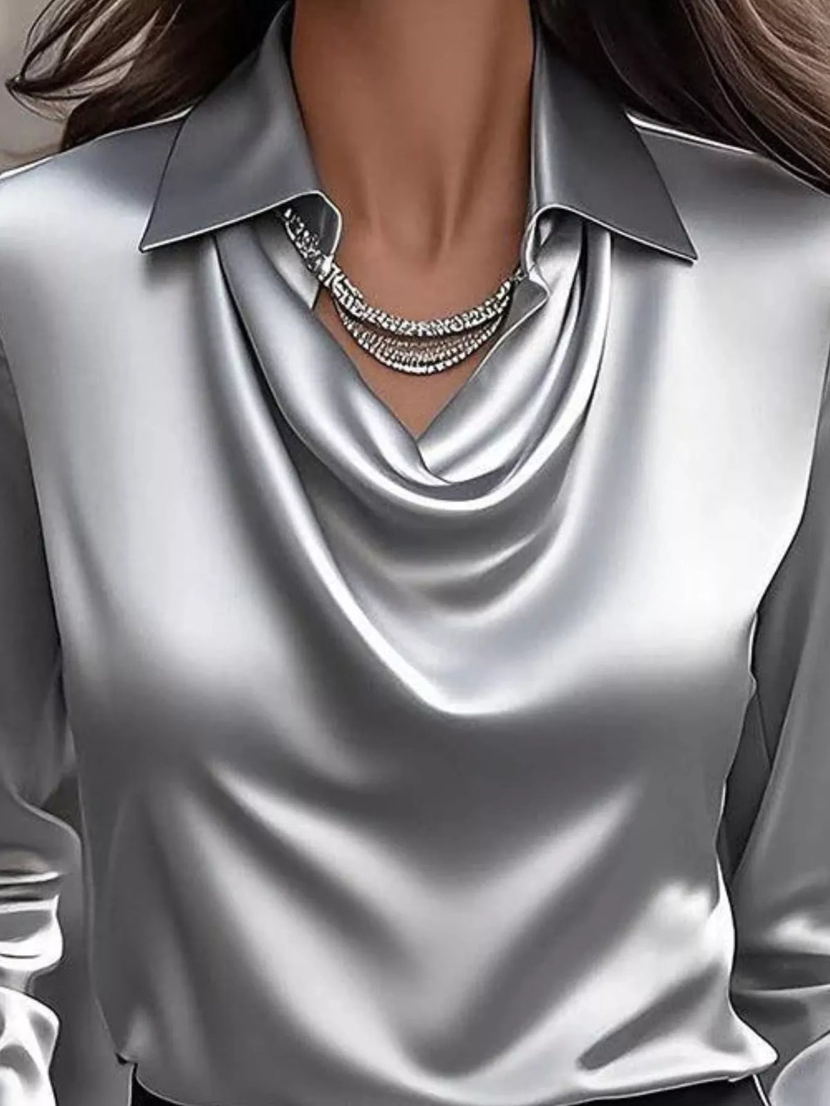 Ruched Long Sleeve Drape Collar Blouse in silky silver with draped neckline and collar features.