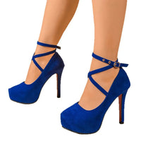 Blue ankle strap high heel pumps, suede material, perfect for weddings and formal events, elegant style and true to size.