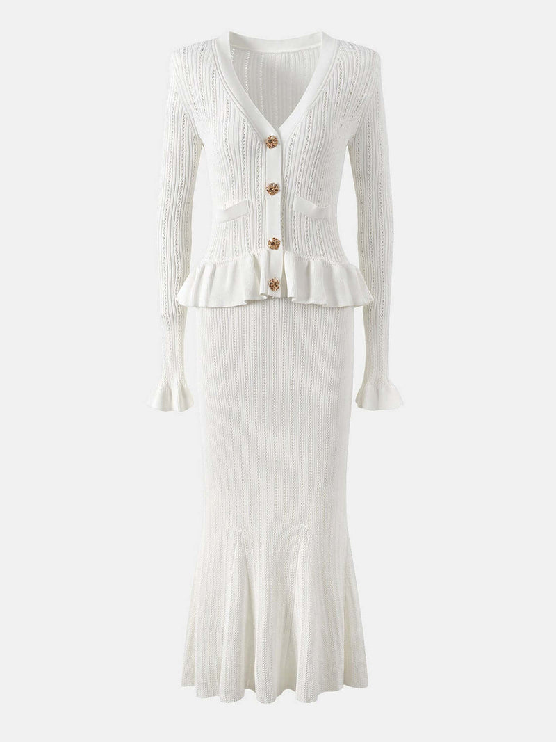 Ruffled V-Neck Top and Midi Skirt Sweater Set Matching Sets Luxurious Weddings